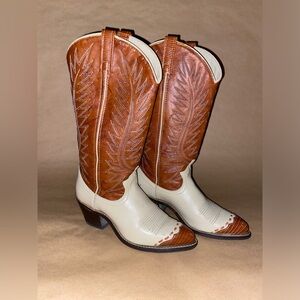 Vintage ACME Brown and Cream Leather Cowboy Boots, Size 6.5 , Pre-owned